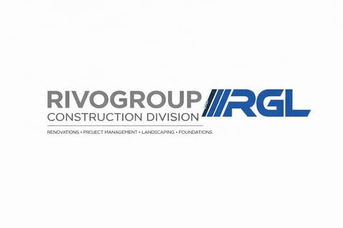 Rivogroup Construction Division RGL logo with text listing services: renovations, project management, landscaping, foundations